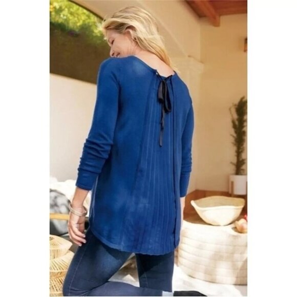 Soft Surroundings Sweater Wool Long Sleeve Pleated Boat Neck Bow Tie Back Blue S - Picture 1 of 6